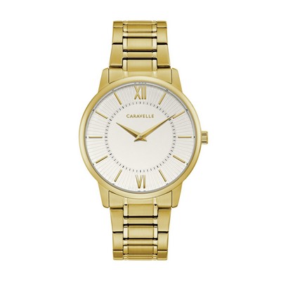 Caravelle Men's Dress Collection Gold Bracelet Watch w/White Dial